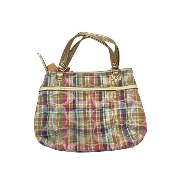 COACH Tote Shoulder Bag Poppy Multi Madras Signature Pastel Plaid Sequins - Picture 8 of 14